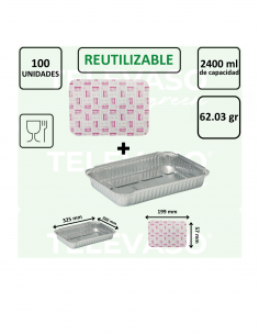 Envase de aluminio rectangular de 2400 ml ideal para cocinar, conservar y transportar grandes cantidades de alimentos. 2