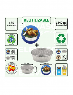 Envase redondo de aluminio de 1440 ml ideal para tortillas, paellas, tartas y platos preparados.