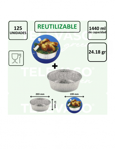 Envase redondo de aluminio de 1440 ml ideal para tortillas, paellas, tartas y platos preparados.