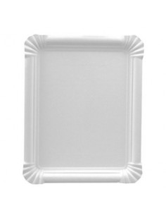 Bandeja de cartón blanca ideal para catering, eventos y presentación de alimentos.
