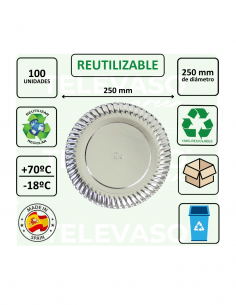 Plato de cartón color plata de 250 mm ideal para catering, eventos y presentación elegante de alimentos. 2