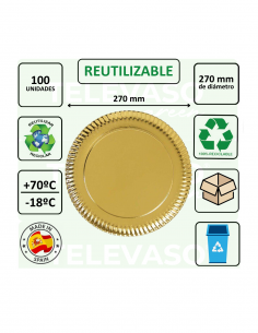 Plato de cartón color oro de 270 mm ideal para catering, eventos y presentación elegante de alimentos. 2