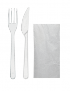 Set de 2 cubiertos transparentes con servilleta en pack de 100 unidades para catering y eventos.