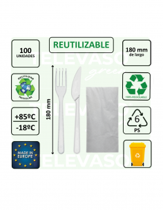 Set de 2 cubiertos transparentes con servilleta en pack de 100 unidades para catering y eventos. 2