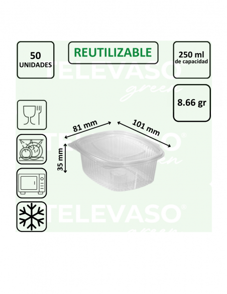 Envase bisagra de PP con tapa plana, ideal para take away, delivery y hostelería.