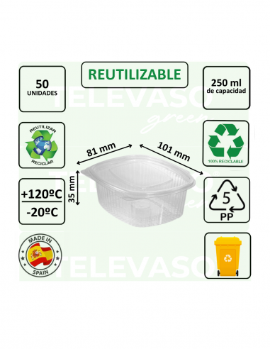 Envase bisagra de PP con tapa plana, ideal para take away, delivery y hostelería.