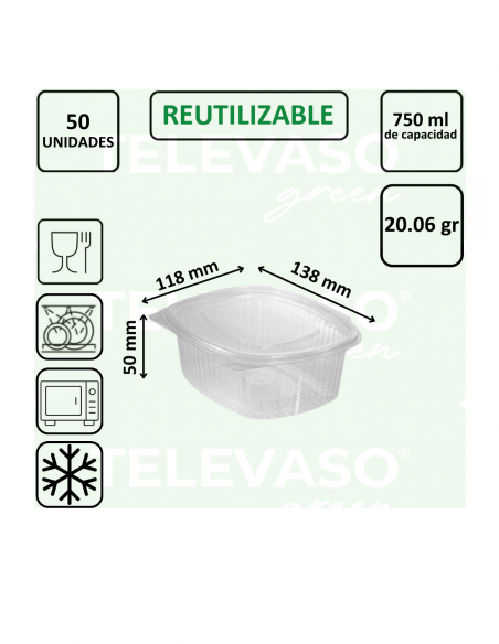 Envase bisagra de PP con tapa plana ideal para take away, delivery y hostelería.