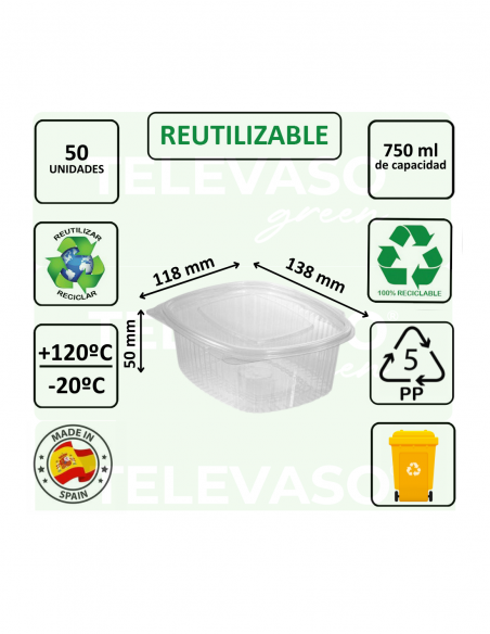Envase bisagra de PP con tapa plana ideal para take away, delivery y hostelería.