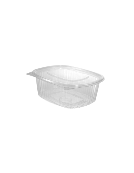 Envase bisagra de PP con tapa plana de 2 litros ideal para take away, delivery y catering.
