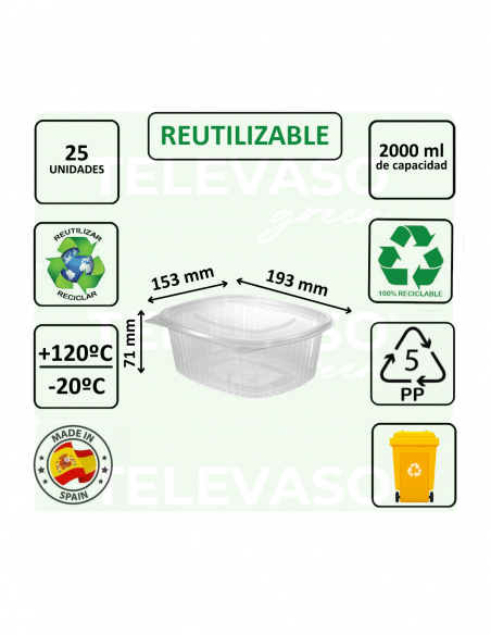Envase bisagra de PP con tapa plana de 2 litros ideal para take away, delivery y catering.