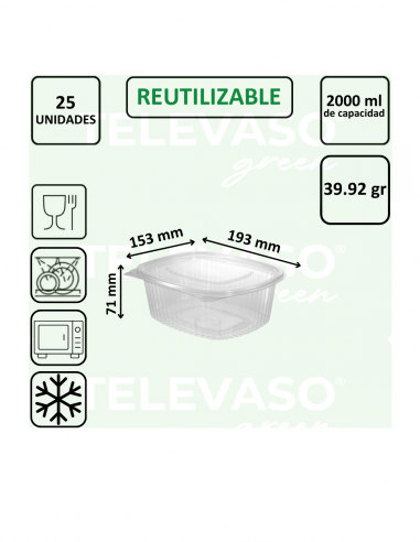 Envase bisagra de PP con tapa plana de 2 litros ideal para take away, delivery y catering.