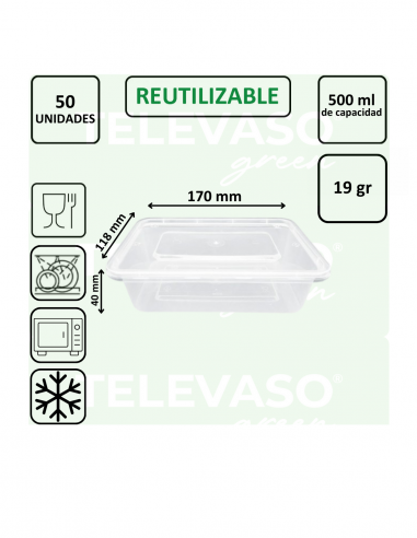 Envase rectangular de PP con tapa separada ideal para take away, delivery y hostelería.