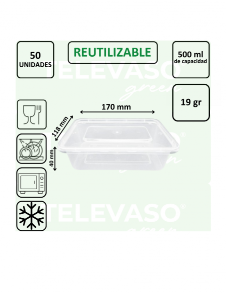 Envase rectangular de PP con tapa separada ideal para take away, delivery y hostelería.