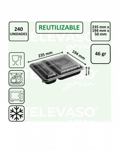 Envase catering con dos compartimentos ideal para menús completos y take away.