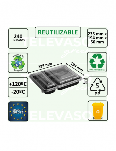 Envase catering con dos compartimentos ideal para menús completos y take away.