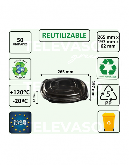 Envase premium con base negra ideal para catering y take away.