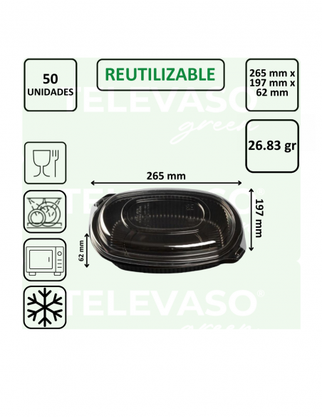 Envase premium con base negra ideal para catering y take away.