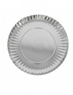 Plato de cartón color plata de 250 mm ideal para catering, eventos y presentación elegante de alimentos.