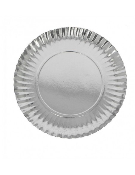 Plato de cartón color plata de 250 mm ideal para catering, eventos y presentación elegante de alimentos.