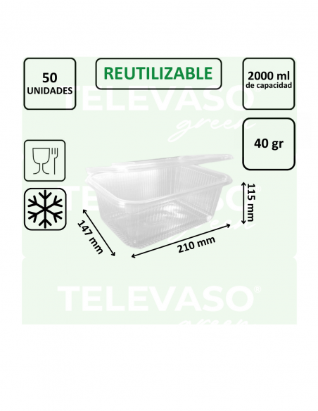 Envase rPET de 2 litros ideal para catering y grandes raciones frías.