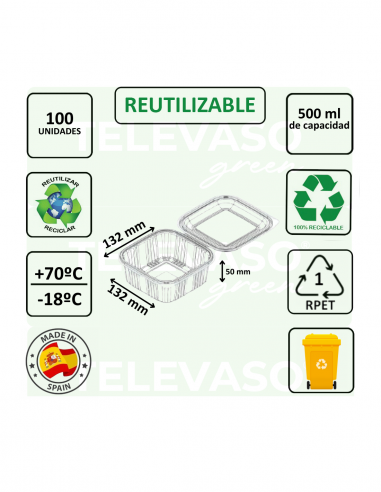 Envase cuadrado rPET de 500 ml ideal para ensaladas y comida fría.
