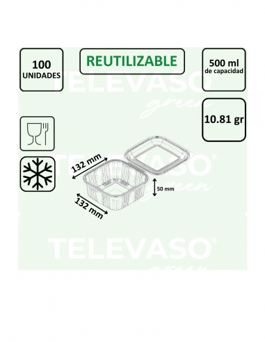 Envase cuadrado rPET de 500 ml ideal para ensaladas y comida fría.