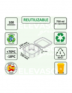 Envase cuadrado rPET de 750 ml ideal para ensaladas y comida fría. 2