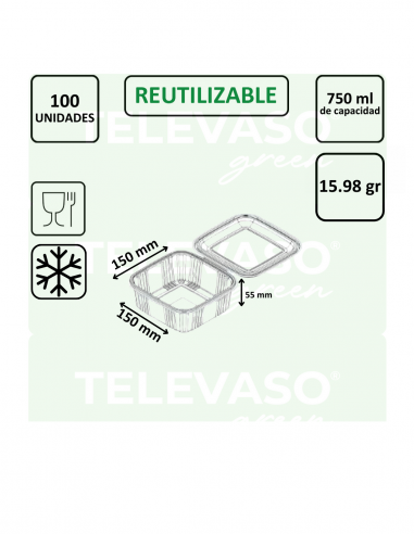 Envase cuadrado rPET de 750 ml ideal para ensaladas y comida fría.