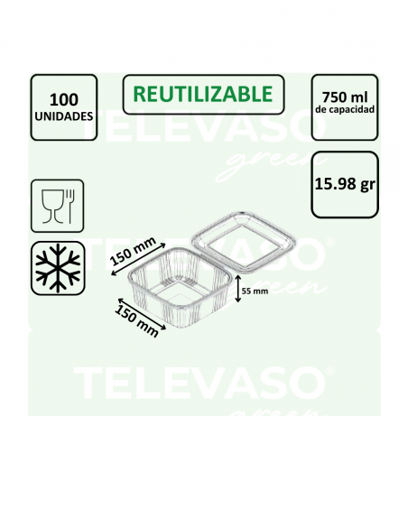 Envase cuadrado rPET de 750 ml ideal para ensaladas y comida fría.