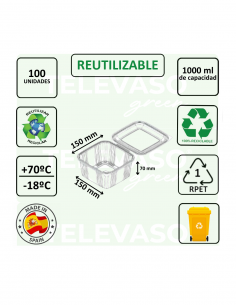 Envase cuadrado rPET de 1 litro ideal para ensaladas y comida fría. 2