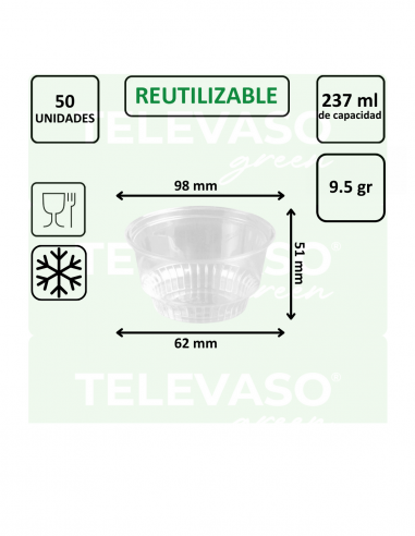 Envase redondo de PET de 237 ml ideal para postres, frutas y alimentos fríos.