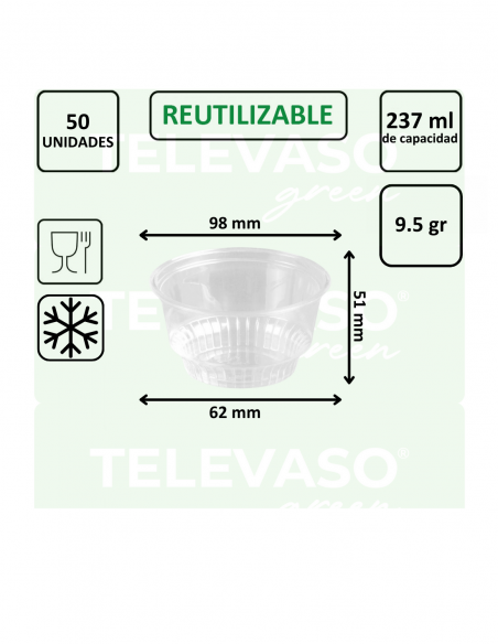 Envase redondo de PET de 237 ml ideal para postres, frutas y alimentos fríos.