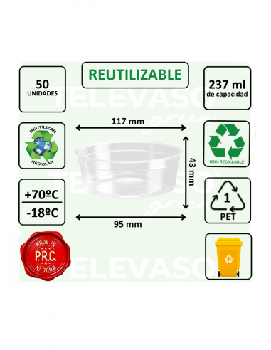 Envase redondo de PET de 237 ml con boca de 117 mm ideal para postres, frutas y ensaladas.