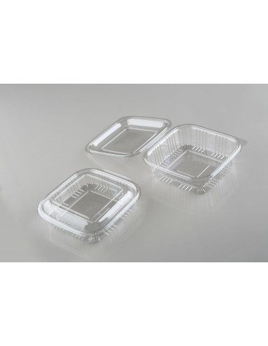 Envase cuadrado rPET de 500 ml ideal para ensaladas y comida fría.