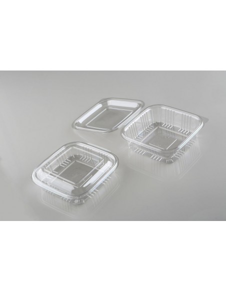 Envase cuadrado rPET de 500 ml ideal para ensaladas y comida fría.