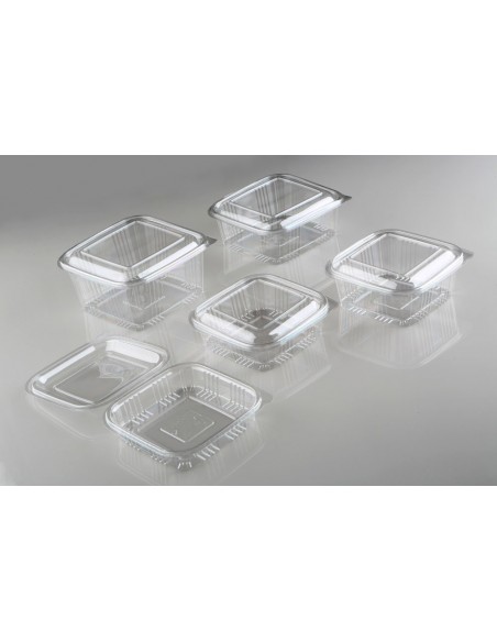 Envase cuadrado rPET de 500 ml ideal para ensaladas y comida fría.