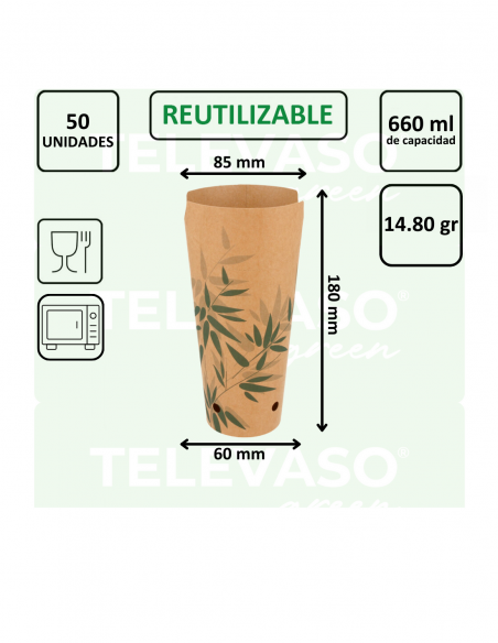 Vaso de cartón Feel Green de 660 ml con cierre integrado, ideal para patatas fritas, snacks y comida para llevar.