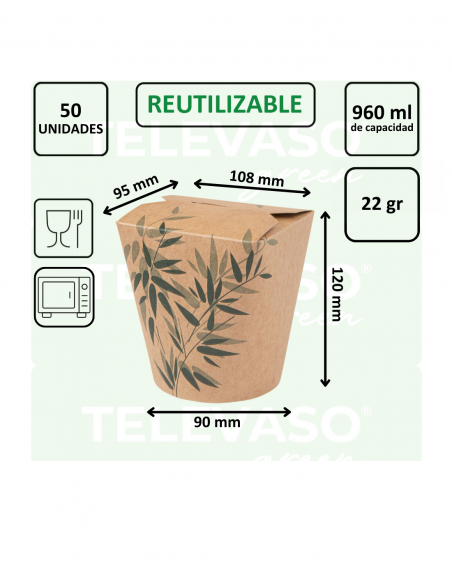 Envase de cartón Feel Green de 960 ml con cierre de orejas, apto para microondas e ideal para comida para llevar.