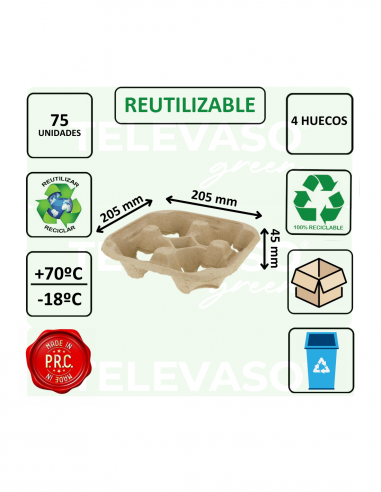 Portavasos biodegradable de 4 huecos para transporte seguro de bebidas.