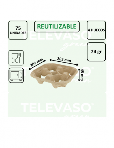 Portavasos biodegradable de 4 huecos para transporte seguro de bebidas.