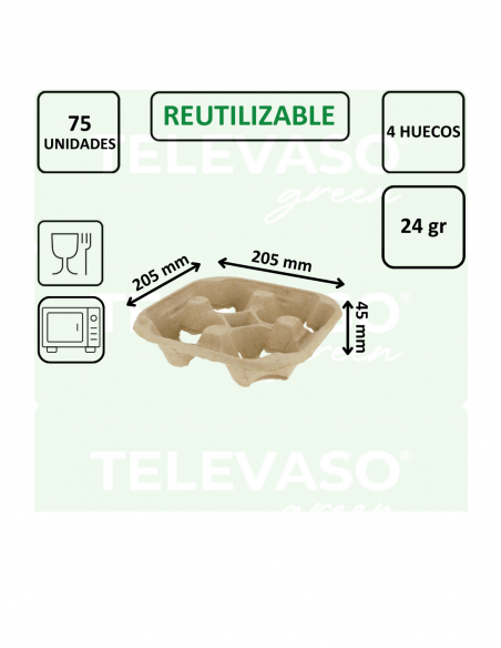 Portavasos biodegradable de 4 huecos para transporte seguro de bebidas.