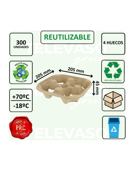 Portavasos biodegradable de 4 huecos para transporte seguro de bebidas.