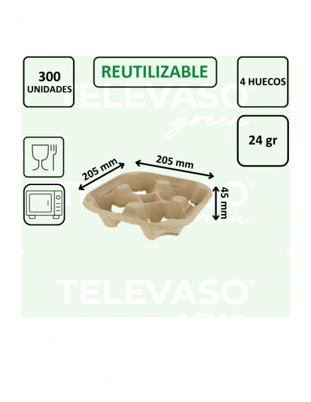 Portavasos biodegradable de 4 huecos para transporte seguro de bebidas.