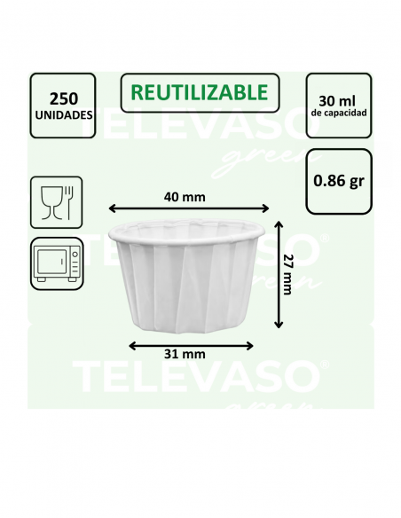 Tarrina de papel plisado antigrasa de 30 ml ideal para salsas, degustaciones y repostería.