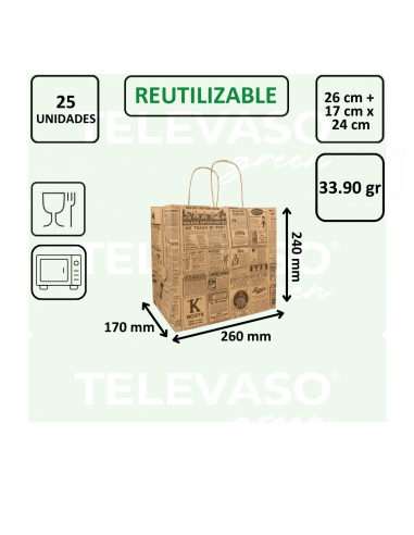 Bolsa SOS de papel con asas modelo TIMES, ideal para take away, delivery y comercios.