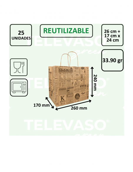 Bolsa SOS de papel con asas modelo TIMES, ideal para take away, delivery y comercios.