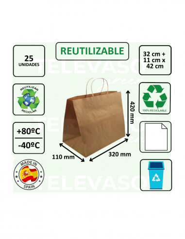 Bolsa de papel con asa rizada de gran capacidad, ideal para comercios, hostelería y take away.