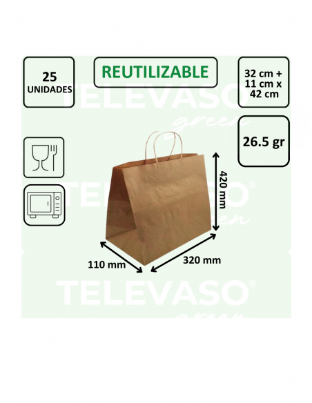 Bolsa de papel con asa rizada de gran capacidad, ideal para comercios, hostelería y take away.