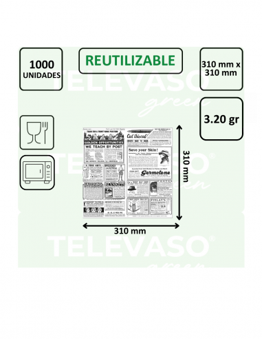 Papel antigrasa con diseño TIMES para envolver hamburguesas, bocadillos y presentar cestas de comida.