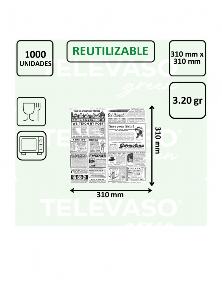Papel antigrasa con diseño TIMES para envolver hamburguesas, bocadillos y presentar cestas de comida.